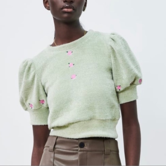 Zara Puff Sleeve embroidered Mint Green Sweater Medium - Picture 2 of 12